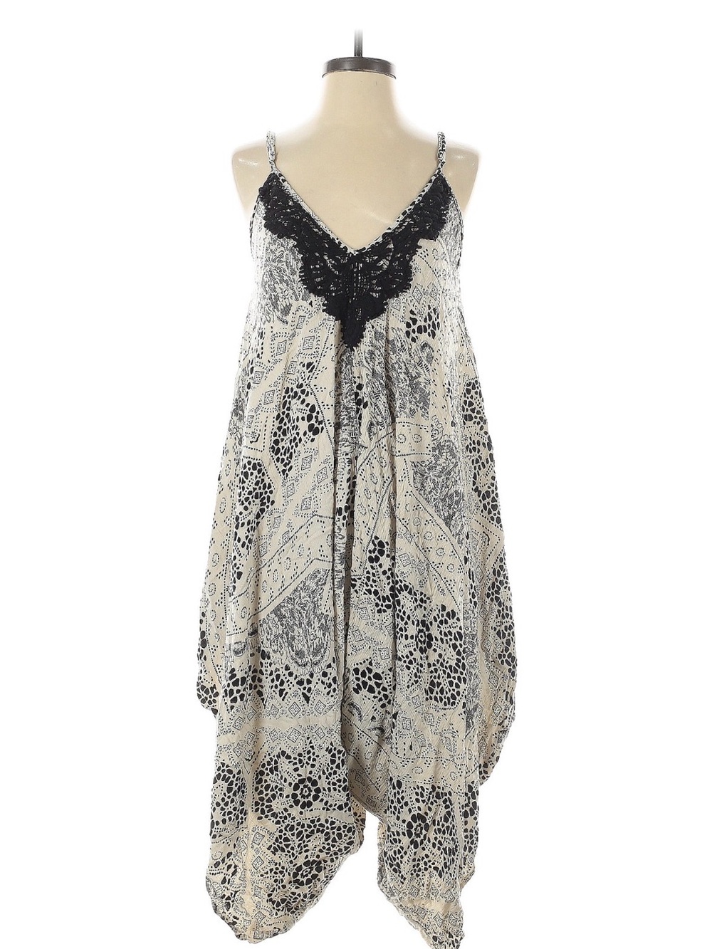 Lovestitch One Size Boho Harem Jumper Romper Lace Trim Black Cream